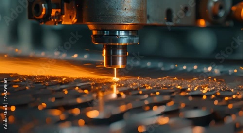 Precision machinery cutting metal with sparks flying,Industrial laser cutting technology in manufacturing photo