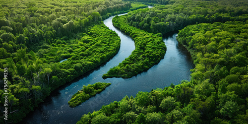 Aerial View of Serene River Flowing Through Lush Green Forest with Trees on Both Sides