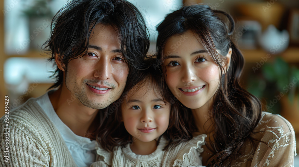 Portrait of an happy Japanese family with the mother and father and child girl in middle