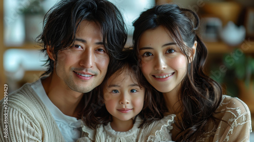 Portrait of an happy Japanese family with the mother and father and child girl in middle