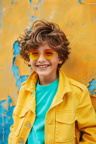 Portrait of an happy 8 year old caucasian boy kid wearing colorful clothes posing in front of bright background © Keitma