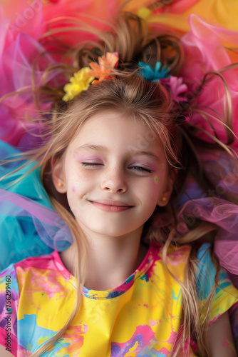 Portrait of an happy 8 year old caucasian girl kid wearing colorful clothes posing in front of bright background