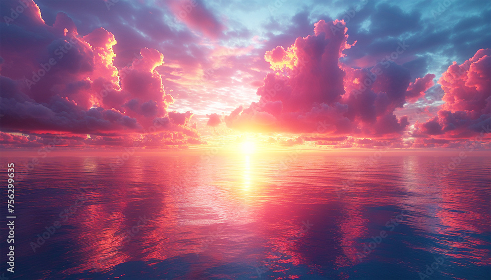 Ocean sunset. Magical dramatic sea sunset. Burning sky and shining golden waves. Sunset sea 4k. Red sky, yellow sun and amazing sea. Summer sunset seascape. Colorful pink and golden colors - obrazy, fototapety, plakaty 