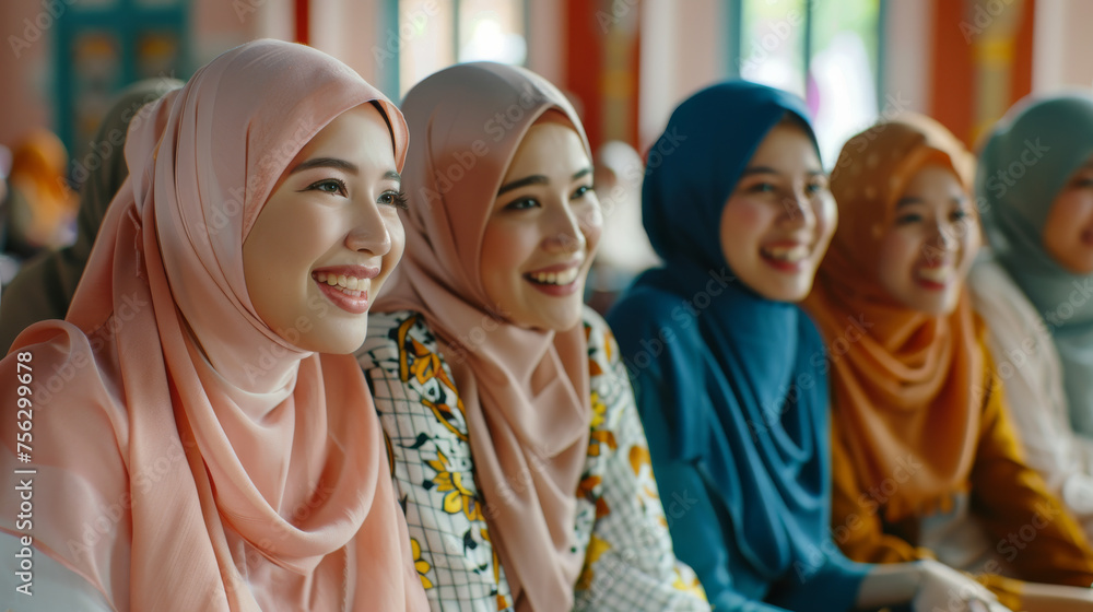 Portrait of an happy group of south east asia muslim women gathered at mosque , asian female sit for morning prayer