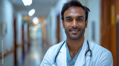 Portrait of a doctor of Indian ethnicity with hospital corridor in background photo