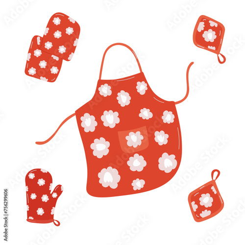 Cute kitchen apron with oven mitts and kitchen towel, chef apron.