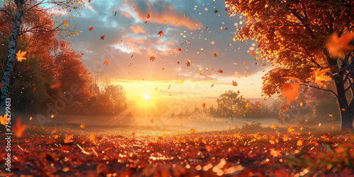 Banner background with autumn landscape with copy space , sun low over the horizon at sunrise in fall panorama view with red trees and falling leaves
