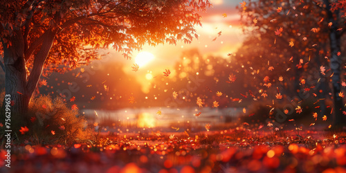 Banner background with autumn landscape with copy space   sun low over the horizon at sunrise in fall panorama view with red trees and falling leaves