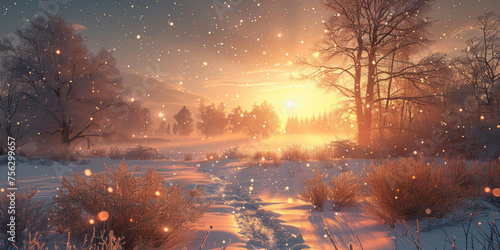 Banner background with winter landscape with copy space , sun low over the horizon at sunrise in wintery panorama view with white trees and falling snow