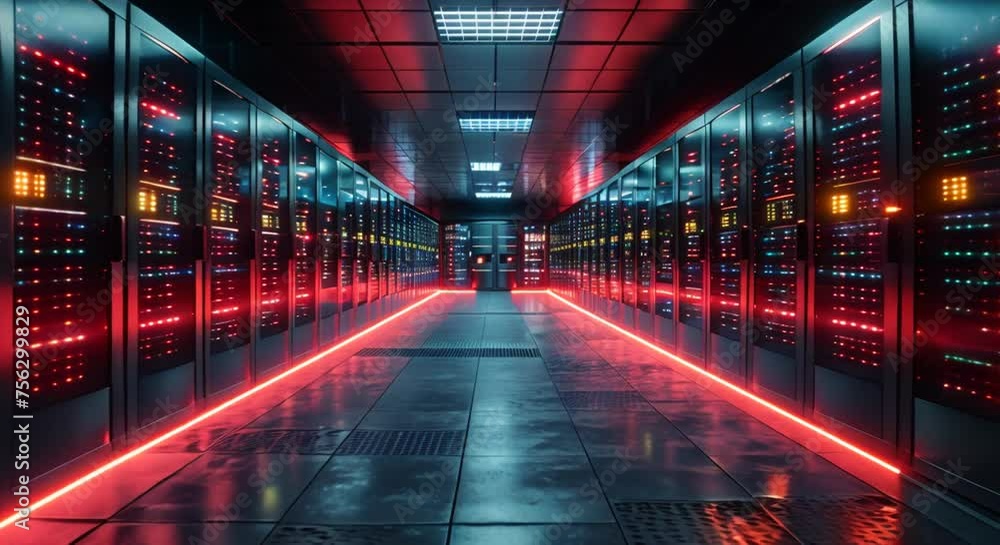 Large data center with rows of servers and LED lights Large data center with rows of servers and LED lights