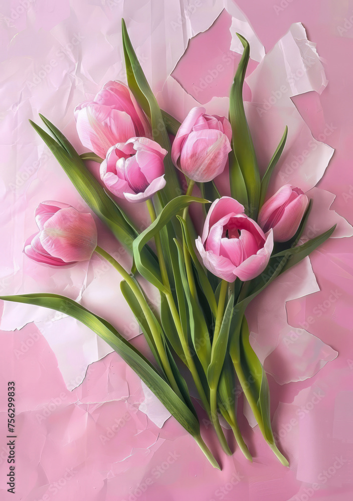 Photo floral bouquet tulips protrudes from pink paper background. Advertising for Womans Day, Flower day, 8 March, Birthday. Photo floral bouquet tulips protrudes from pink paper background. Advertising for Womans Day, Flower day, 8 March, Birthday.