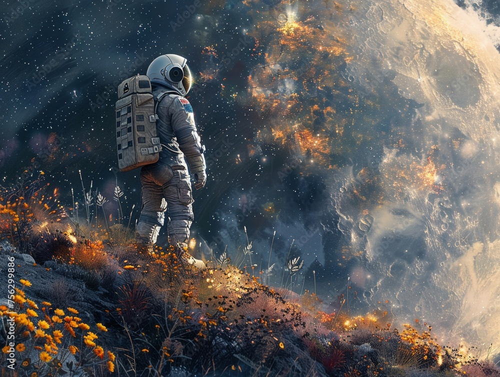 Astronaut admiring Earth from the moon - obrazy, fototapety, plakaty 