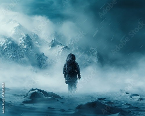 Arctic explorer facing a blizzard
