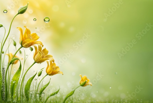 Yellow flowers with dew on bright green background