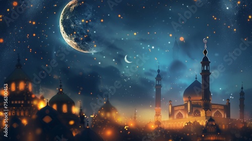  Islamic magical ramadan atmosphere: glowing mosque, crescent moon, and bokeh lights on islamic eid mubarak kareem background