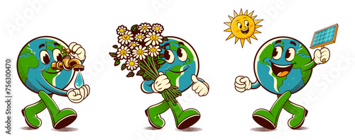 Stickers in trendy retro style. Сaring for the environment. Earth day concept. Walking happy cute Save Earth planet character mascot. Vector illustration	