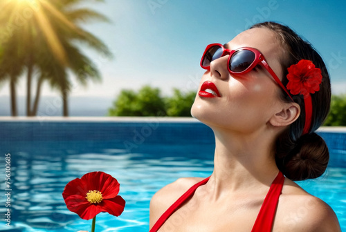 Young woman in red swimsuit with flower relaxing in swimming pool. Cute female resting in swim pool on sunny summer day. Woman enjoying suntan and vacation. Travel and tourism concept. Copy space © Alex Vog