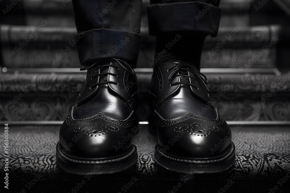 Man Standing on Stairs in Black Dress Shoes