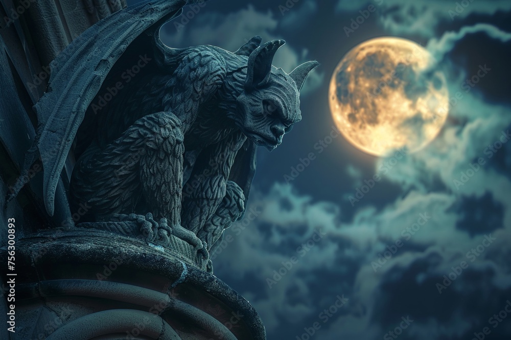 Gargoyle perched atop a Gothic cathedral under a full moon - obrazy, fototapety, plakaty 