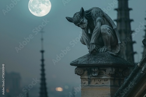 Gargoyle perched atop a Gothic cathedral under a full moon