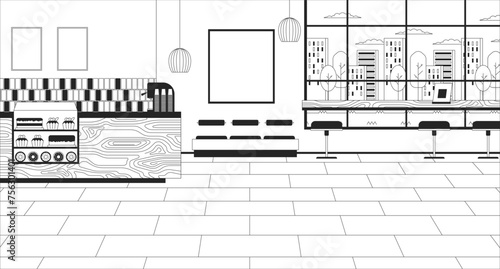 Coffee shop inside black and white line illustration. Cafeteria counter. Coffeeshop indoor 2D interior monochrome background. Diner eatery. Cafe bakery no people outline scene vector image