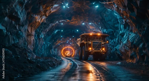 Underground mining with heavy machinery and workers photo