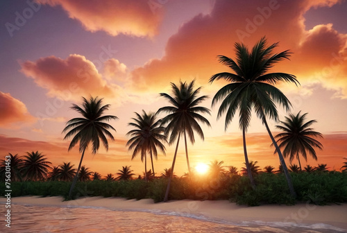 Background tropical natural landscape with coconut palm trees on fantastic sunset, amazing orange sky with clouds. Concept of summer vacation and business travel. Beauty in tropic climate. Copy space © Alex Vog
