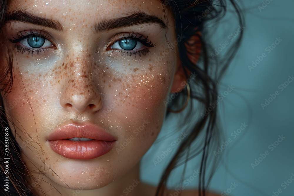 Fototapeta premium Close Up of Woman With Freckles on Face