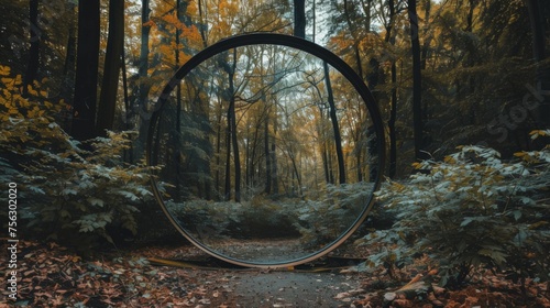 Round mirror in the forest. Reflection of nature