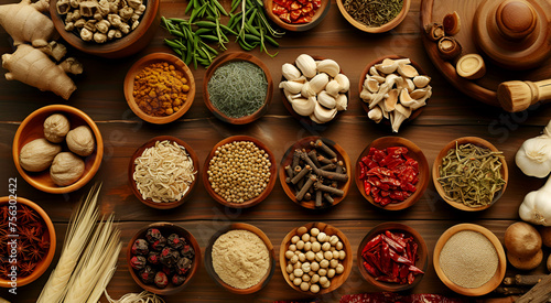 Group of Chinese spices and herbal medicines arranged on table. Top view. Healthy condiment concept.  © Puetsapa