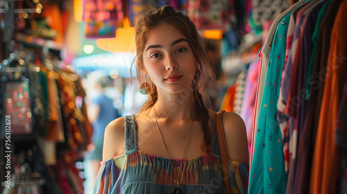 a young woman poses stylishly inside a clothing store. Against the backdrop of racks of colorful clothes and accessories, Ai generated Images