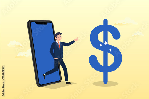 Confidence salesman standing with phone connected to money dollar sign, phone marketing or sales, phone call for selling product or business deal via phone call, insurance agent (Vector)