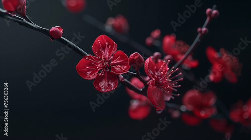 Dynamic flower deep red plum blossom in the morning light black backgrounds.