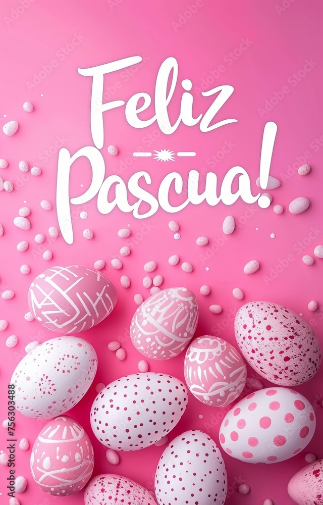 Feliz Pascua - Happy Easter in Spanish. Abstract background with painted Easter eggs and flowers. Easter concept background. Lettering calligraphy text.