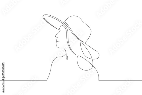 Portrait of a beautiful woman in a hat. Women's fashion profile. One continuous line . Line art. Minimal single line.White background. One line drawing.