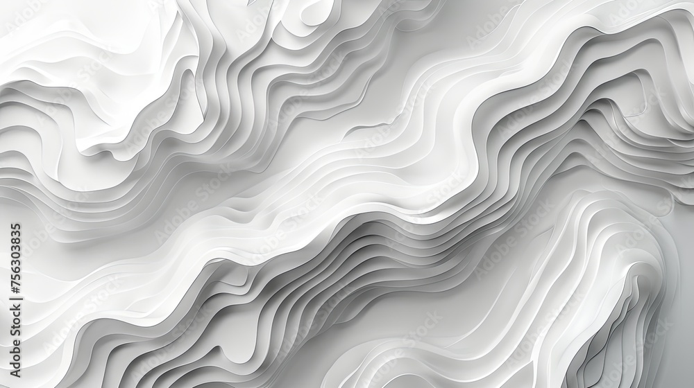 White paper cut background featuring lines and topographic map elements. An abstract backdrop with curved reliefs resembling waves, realistically textured with layered papercut decorations - obrazy, fototapety, plakaty 