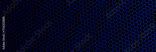 Dark gray abstract wide horizontal banner with hexagon carbon fiber grid and orange luminous lines. Technology vector background with orange neon lines