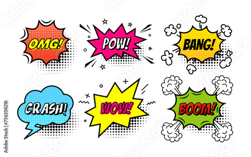 Comic speech bubble with text Omg, Pow, Bang, Crash, Wow, Boom isolated on white background. Cartoon style.