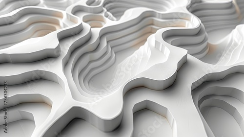 White paper cut background featuring lines and topographic map elements. An abstract backdrop with curved reliefs resembling waves, realistically textured with layered papercut decorations photo