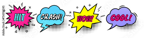 Comic speech bubble with text Hit, Crash, Wow, Cool isolated on white background. Cartoon style.