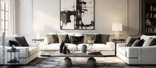 Contemporary living room design with monochrome patterned pillows and carpet.