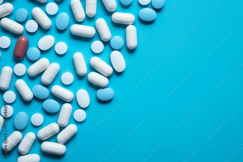 Assorted Pills and Capsules on Blue Background with Copy Space