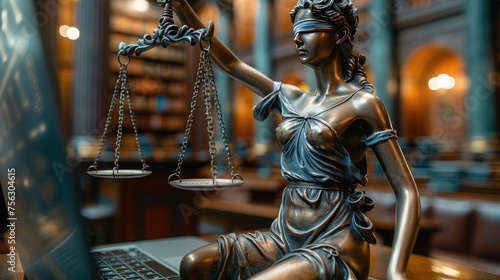 laptop computer with legal law scale information and regulations for company and corporate trade license registration and court governance compliance for online