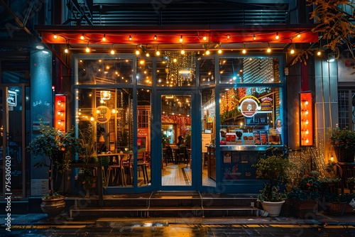 Cozy Restaurant Entrance Glowing in Vibrant Neon Lights on a Rainy Night in Seoul