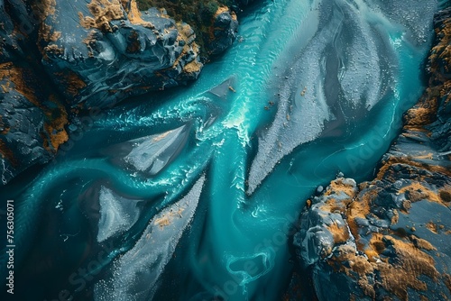 Aerial Perspective Turquoise River in Iceland - A Stunning High-Resolution Scene of Natures Intricate Patterns and Textures