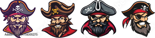 Set of pirate head, vector illustration.