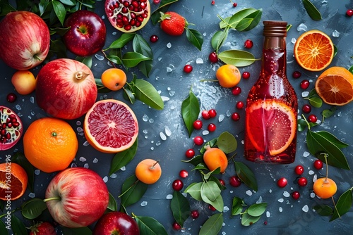 Summers Exotic Fruit Infusion Red Juice Bottle Surrounded by a Vibrant Array of Fresh Pomegranates, Berries, and Citrus in a Flat Lay