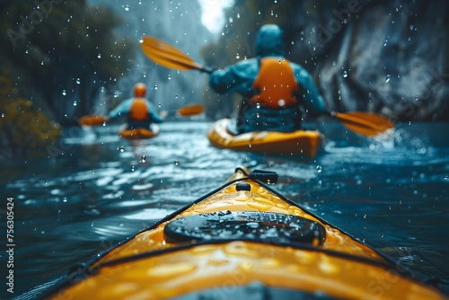 Men Navigating Tranquil River Rapids A Kayak Tour Experience with Epic Scenery