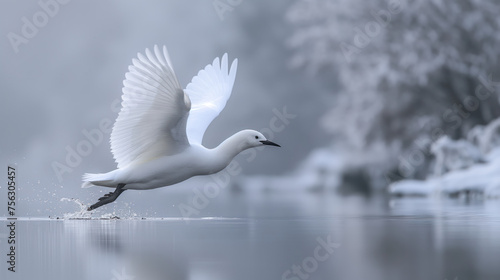 White Bird Flies over the Lake