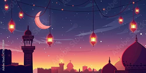 Flat design featuring hanging lanterns, Arabic patterns, against a night sky backdrop, with a minimalist approach 🏮✨ © Elzerl